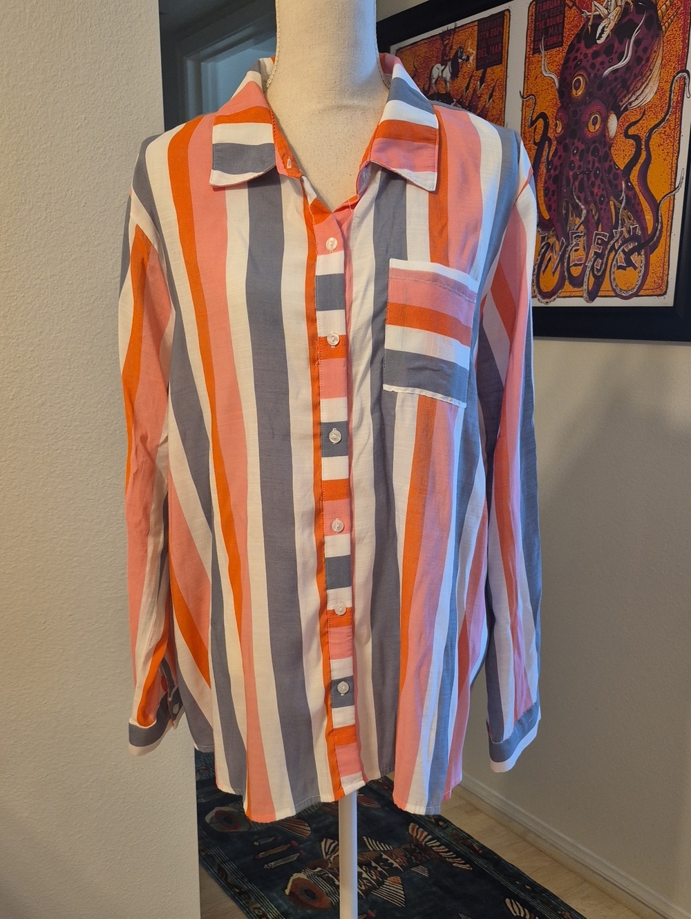 Notations Woman Pink Orange White Gray Long Sleeve Button Up Shirt